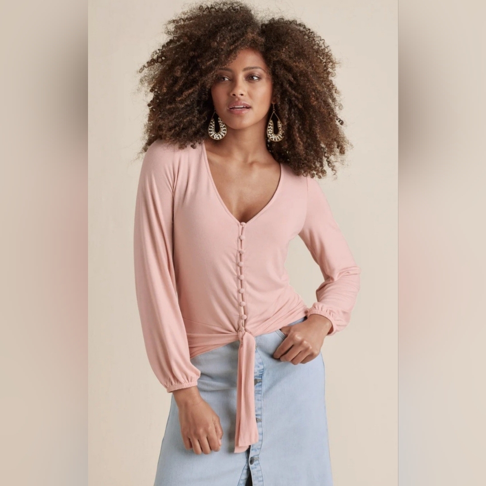 NWT VENUS Blush Pink Button-up Tie Front Top